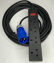 10M 240 V COMMANDO PCE PLUG TO 4 GANG UK SOCKET, RUBBER EXTENSION LEAD