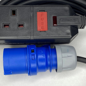 10M 240 V COMMANDO PCE PLUG TO 4 GANG UK SOCKET, RUBBER EXTENSION LEAD